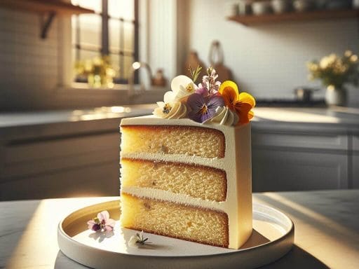 Une tranche de gâteau à la vanille faite de trois couches. Le gâteau à la vanille est posé sur une assiette. La cuisine est moderne