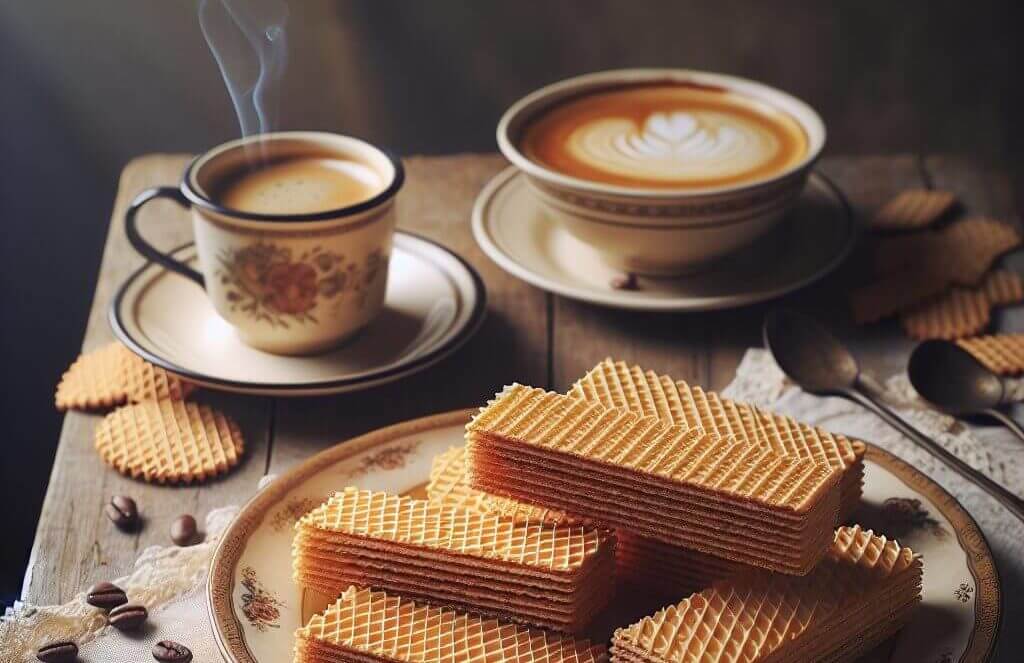 des gaufrettes à la vanille posées sur une assiette, deux tasses à café fumantes