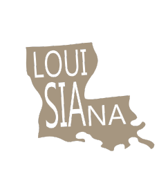 Mélange Cajun illustré par une silhouette stylisée de la Louisiane en beige avec typographie intégrée