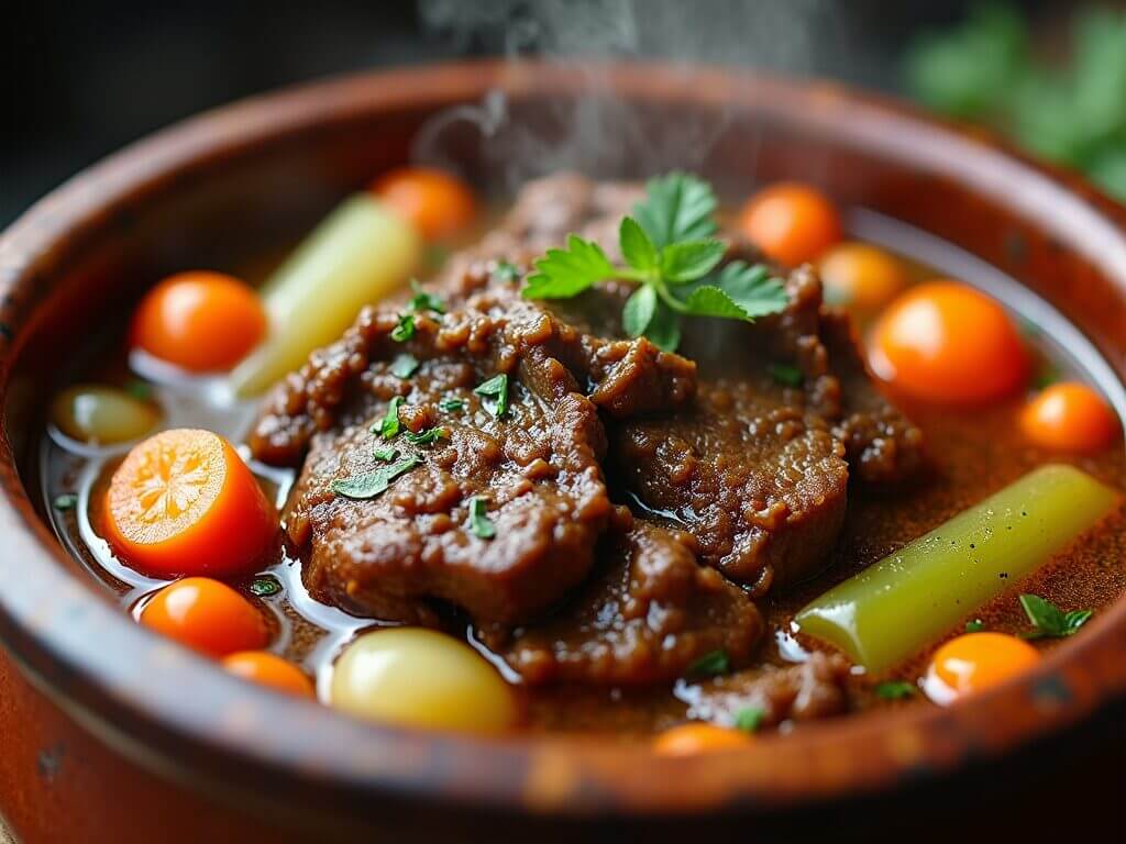 Bouilli de boeuf servi avec carottes, céleri et pommes de terre dans un plat en terre cuite, encore fumant.
