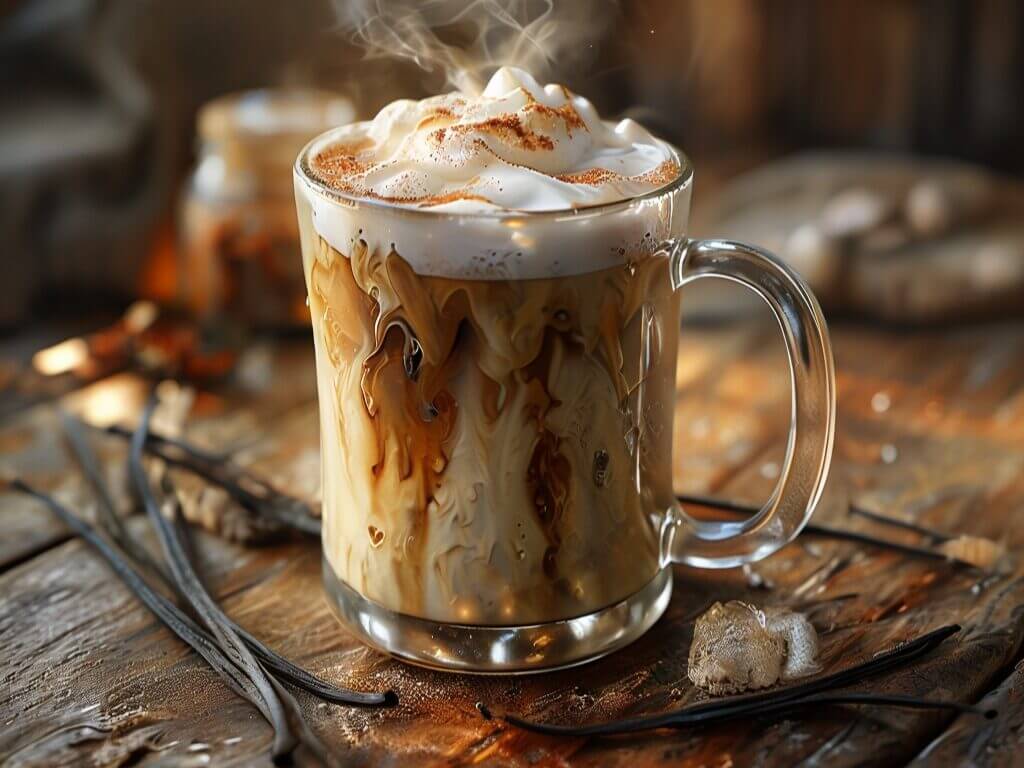 Café à la vanille crémeux avec mousse onctueuse et cannelle, servi dans une tasse en verre sur une table rustique en bois.