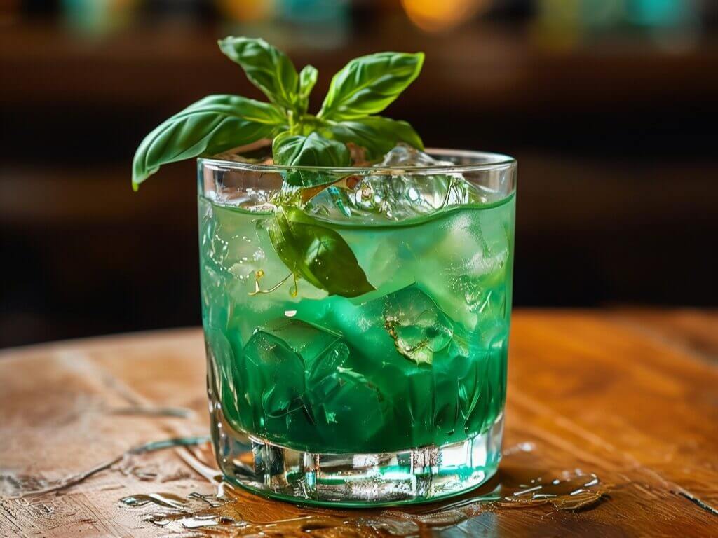 Gin Basil Smash mit frischen Basilikumblättern und Eiswürfeln – perfektes Rezept für einen erfrischenden Cocktail.