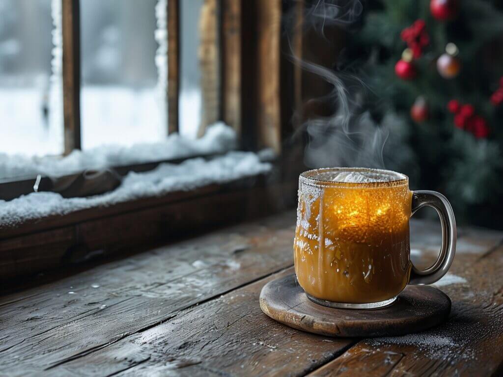 Dampfender Grog auf einem Holztisch, mit verschneitem Fenster und Weihnachtsbaum im Hintergrund – perfektes Grog-Rezept.