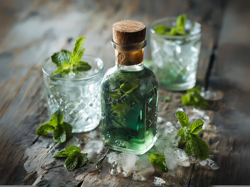 Bouteille de liqueur de menthe avec feuilles fraîches, entourée de verres et glaçons sur une table en bois rustique.