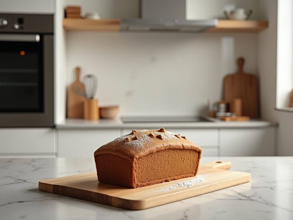 Pain d'épice moelleux et sans gluten sur une planche en bois, idéal pour les amateurs de pâtisseries saines.