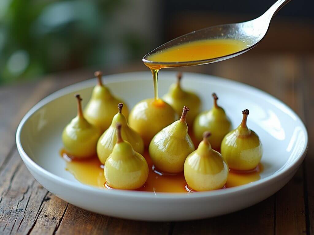 Poires à botzi nappées d’une sauce dorée, servies dans une assiette blanche sur un fond rustique en bois.