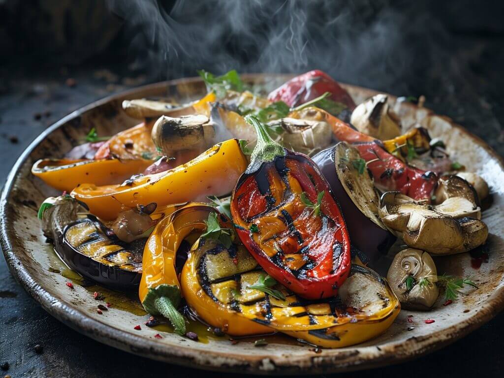 Poivrons rouges et jaunes, aubergines et champignons fumants sur une assiette rustique – parfait pour les amateurs de légumes grillés.