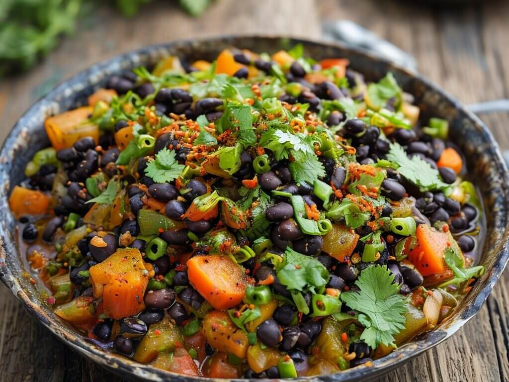 Bunte Gemüsepfanne mit schwarzen Bohnen, Karotten und frischen Kräutern – ein leckeres Rezept mit schwarzen Bohnen.