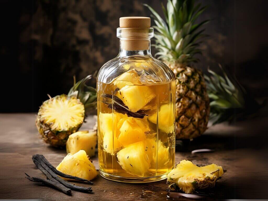 Bouteille de rhum arrangé ananas vanille avec morceaux d'ananas frais et gousses de vanille, parfaite pour un apéritif exotique.