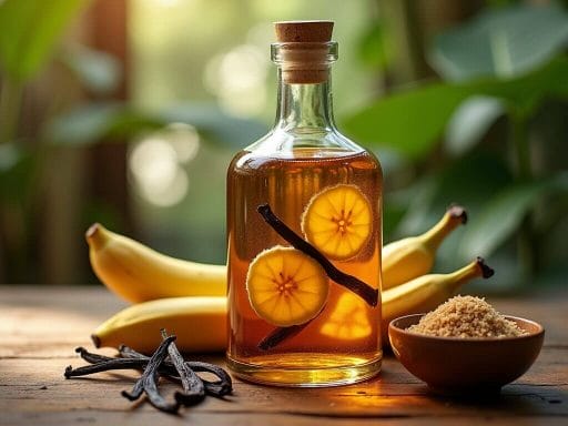 Bouteille de rhum arrangé avec vanille et banane, entourée de gousses de vanille et fruits frais – une invitation exotique.