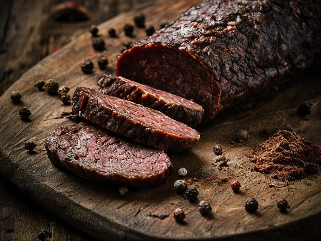 Saucisson de canard artisanal tranché sur une planche en bois, accompagné de thym et de pain rustique – recette gourmande.