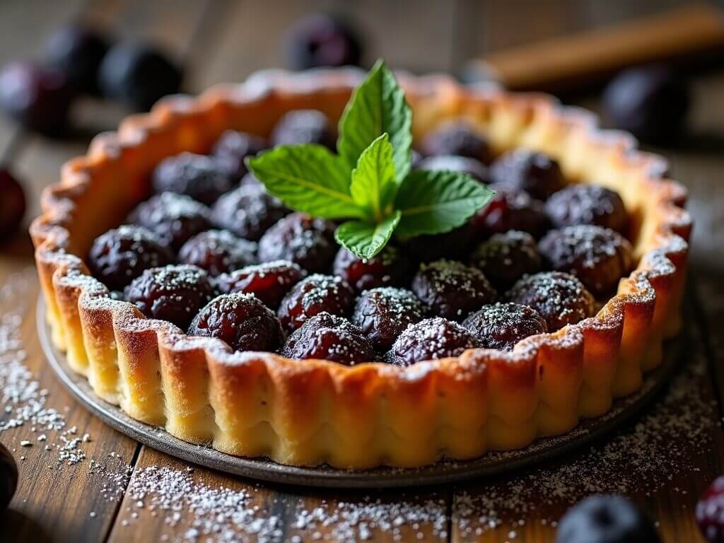 Délicieuse tarte aux pruneaux décorée de feuilles de menthe, saupoudrée de sucre glace – une recette gourmande et élégante.