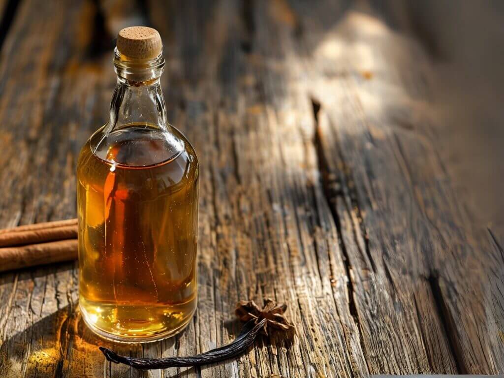 Flasche mit Vanille sirup auf rustikalem Holztisch, umgeben von Zimtstangen und Vanilleschote.
