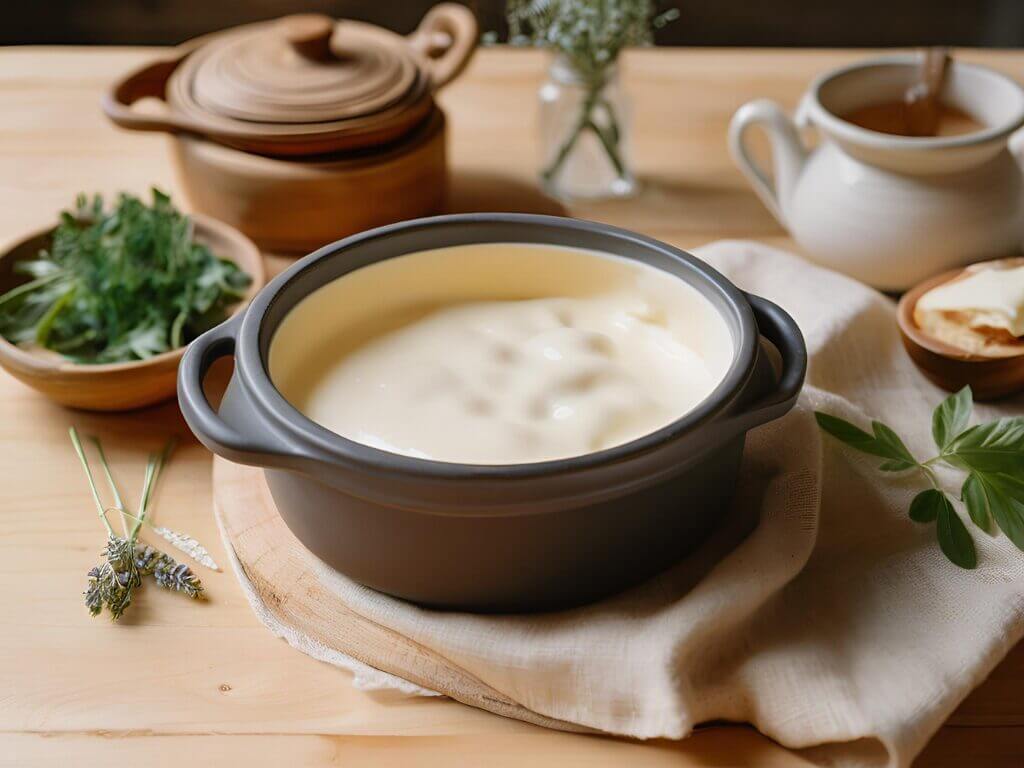 Besciamella cremosa con poivre di Kampot servita in pentola rustica – deliziosa salsa italiana.