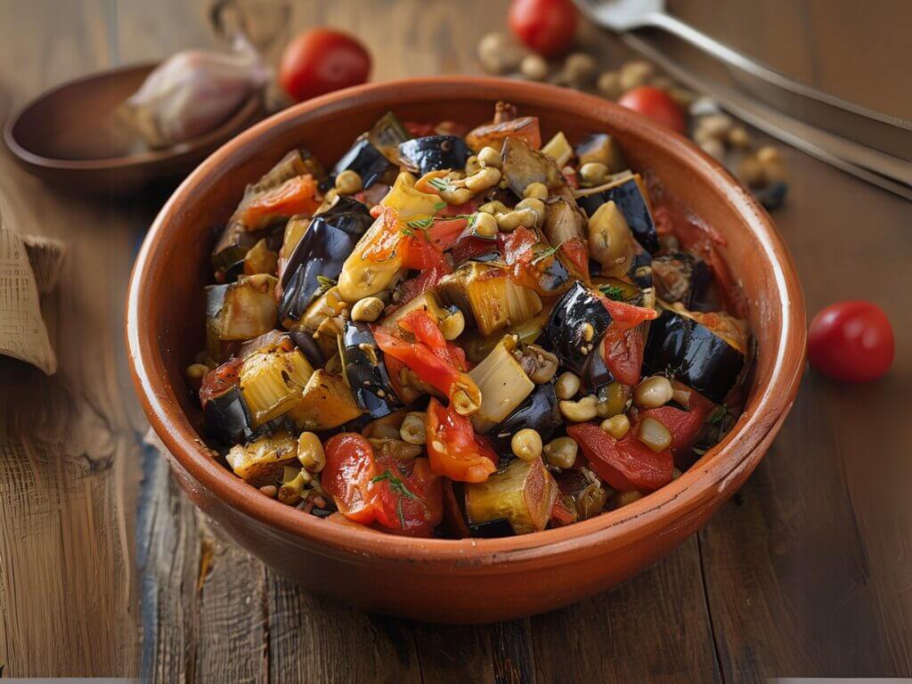 Caponata siciliana ricetta originale catanese: melanzane, pomodori e capperi in tegame di terracotta - sapori autentici