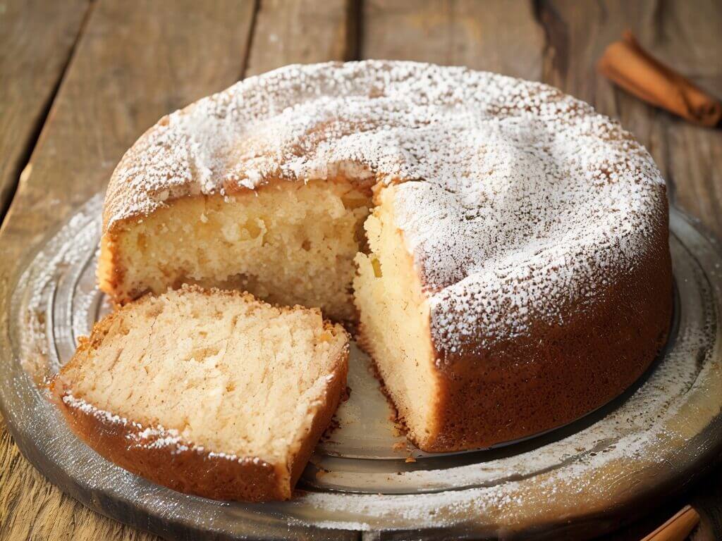Vanillekuchen mit Puderzucker, serviert auf einem rustikalen Holztisch – perfektes Rezept für Backliebhaber.