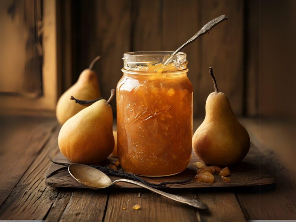 Confiture artisanale de poire vanille dans un pot en verre, avec des poires mûres et une cuillère en arrière-plan.