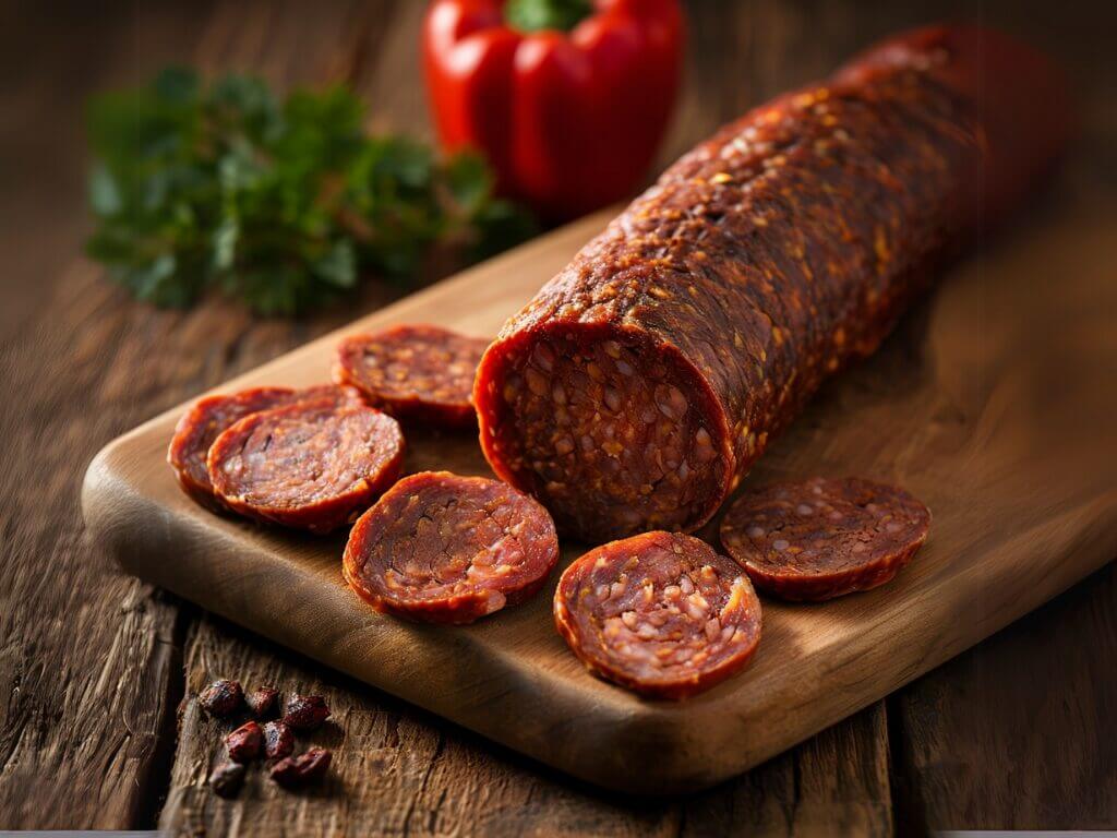 Tranches de chorizo maison sur une planche en bois avec poivron rouge en arrière-plan – parfaite inspiration pour une recette de chorizo maison.