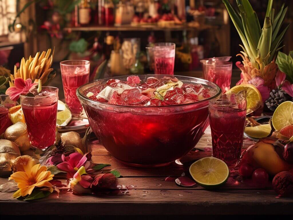 Punch tropical pour 40 personnes : mélange coloré dans un bol, entouré de fruits frais et fleurs exotiques pour une ambiance festive.