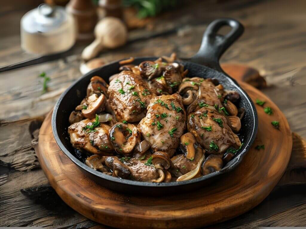 Fegato di pollo saltato con funghi in padella di ghisa – ricetta tradizionale italiana ricca di sapore