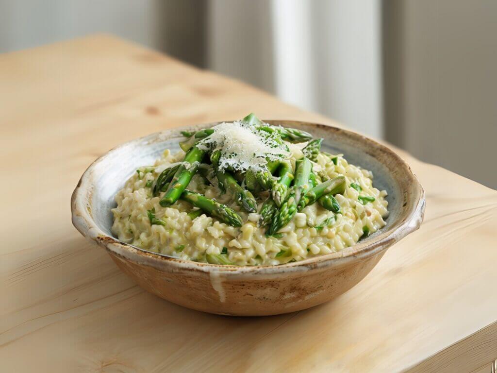 Risotto cremoso agli asparagi e pepe di Sichuan, un primo piatto italiano classico e saporito.