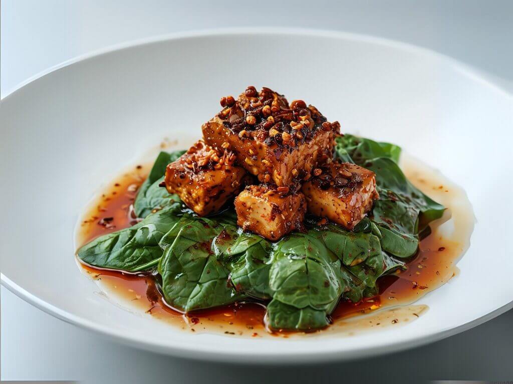 Ricette tofu affumicato: cubetti marinati con spezie e semi su spinaci, immersi in salsa agrodolce orientale.