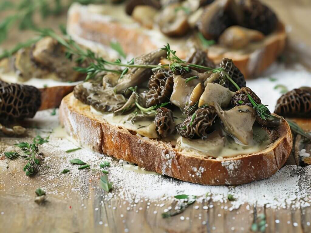 Vrai recette de croûte aux champignons du Haut-Doubs, avec morilles crémeuses sur pain rustique et touche de thym.