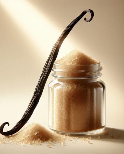 une belle gousse de vanille de madagascar posée contre un bocal rempli de sucre