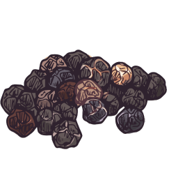 Pfeffer aus Kampot getrocknet, Körner schwarz in loser Schüttung, Illustration kulinarisch traditionell