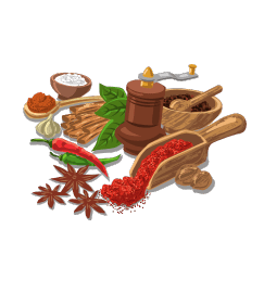 Ingrédients du mélange Ras el hanout : épices colorées, herbes et ustensiles de cuisine traditionnels