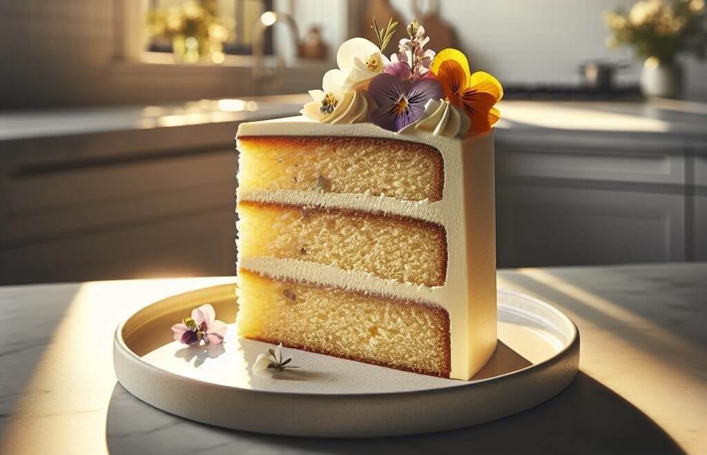 Une tranche de gâteau à la vanille faite de trois couches. Le gâteau à la vanille est posé sur une assiette. La cuisine est moderne