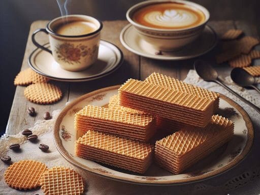 Des gaufrettes à la vanille posées sur une assiette, deux tasses à café fumantes à côté