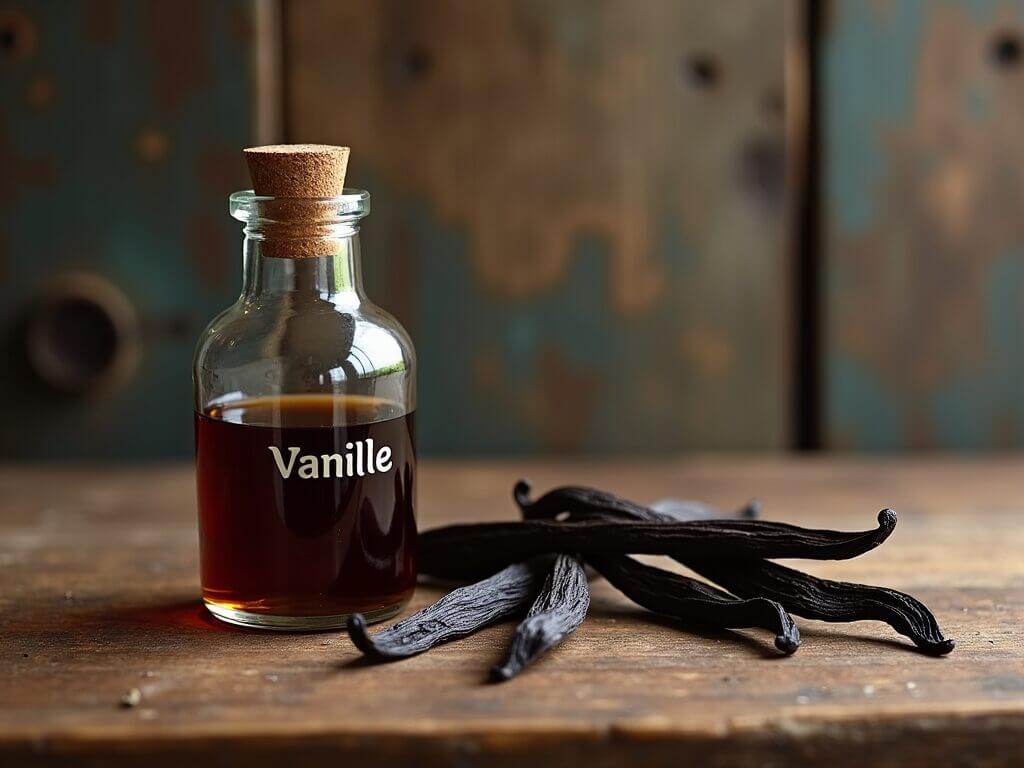 Flacon d'arôme naturel de vanille avec gousses sur une table rustique, parfait pour des recettes authentiques.