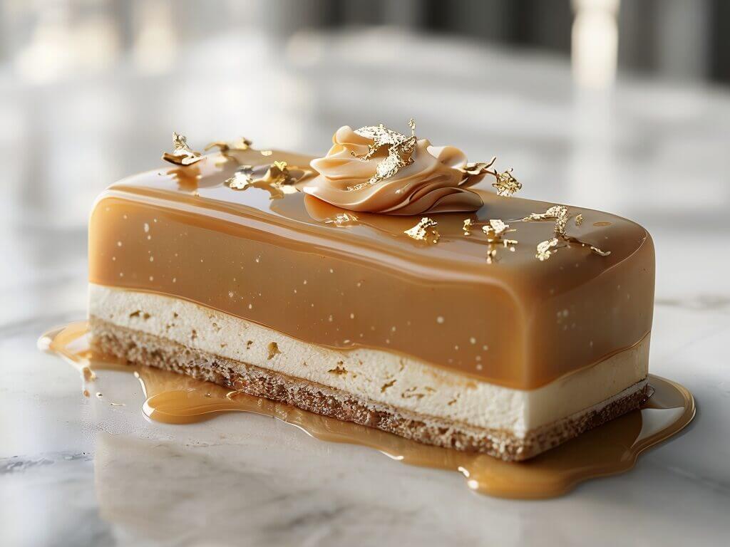 Entremet vanille caramel élégant, nappé d’un glaçage caramel brillant et décoré de feuilles d’or sur un fond marbré.