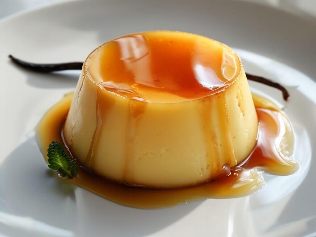 Flan entremet vanille nappé de caramel, décoré d'une gousse de vanille et d'une feuille de menthe sur une assiette blanche.