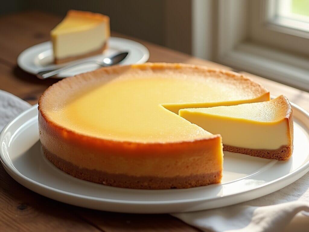 Gâteau au fromage blanc vanille crémeux, doré et appétissant, parfait pour une pause gourmande.