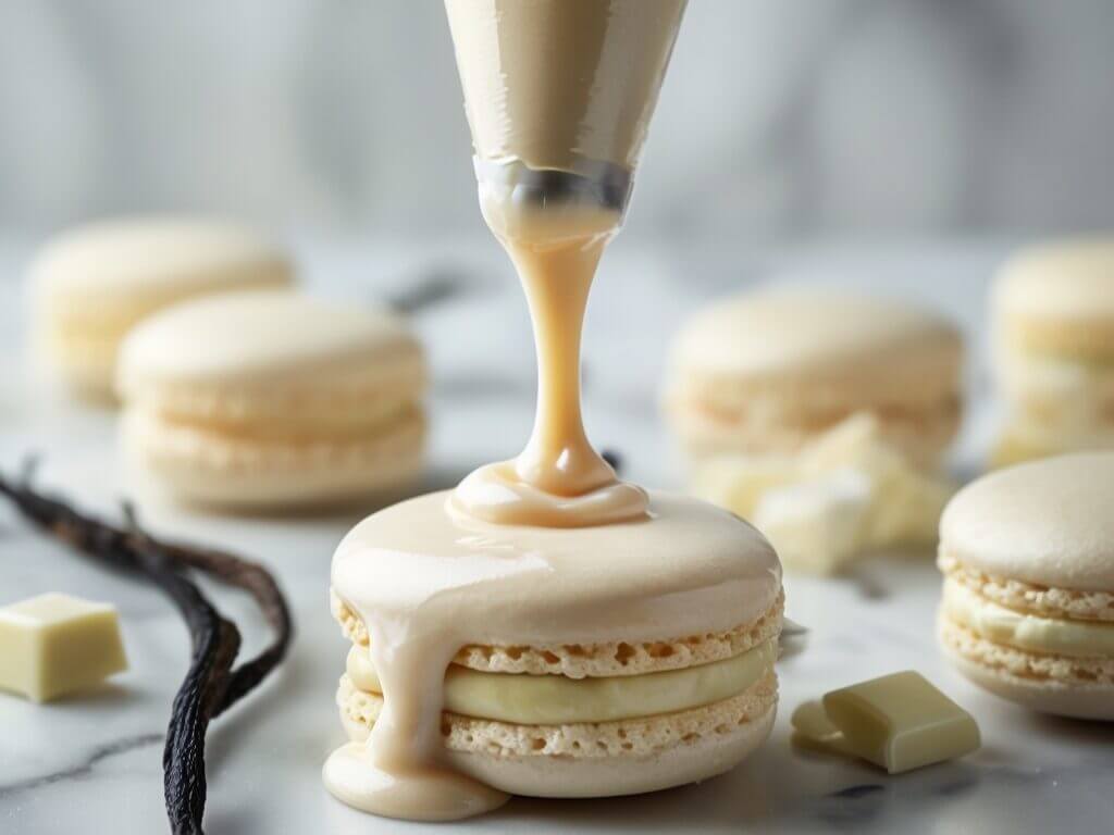 Ganache à la vanille onctueuse déposée sur un macaron, entouré de gousses de vanille et de chocolat blanc.