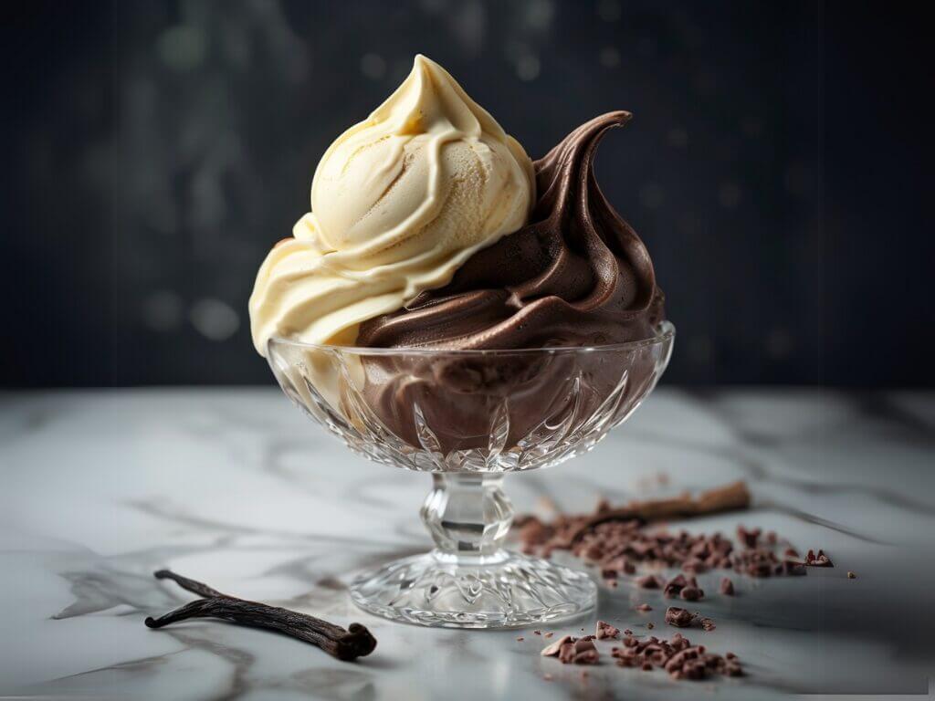 Coupe de glace chocolat et vanille dans un bol en verre, posée sur une table en marbre – dessert gourmand et raffiné.