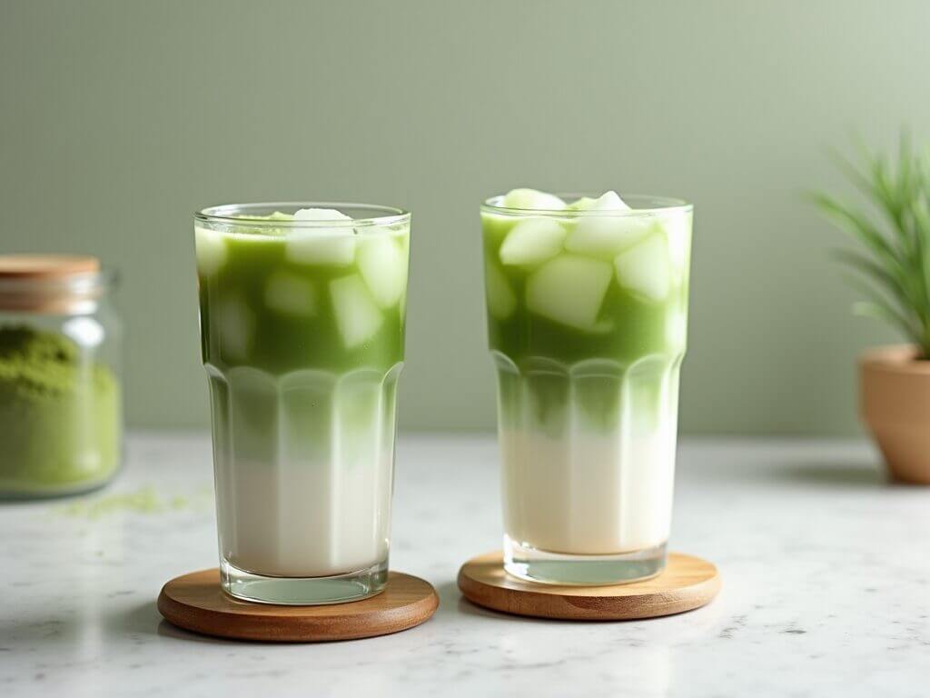 Boisson matcha vanille glacée servie dans des verres élégants, idéale pour les amateurs de saveurs douces et végétales.