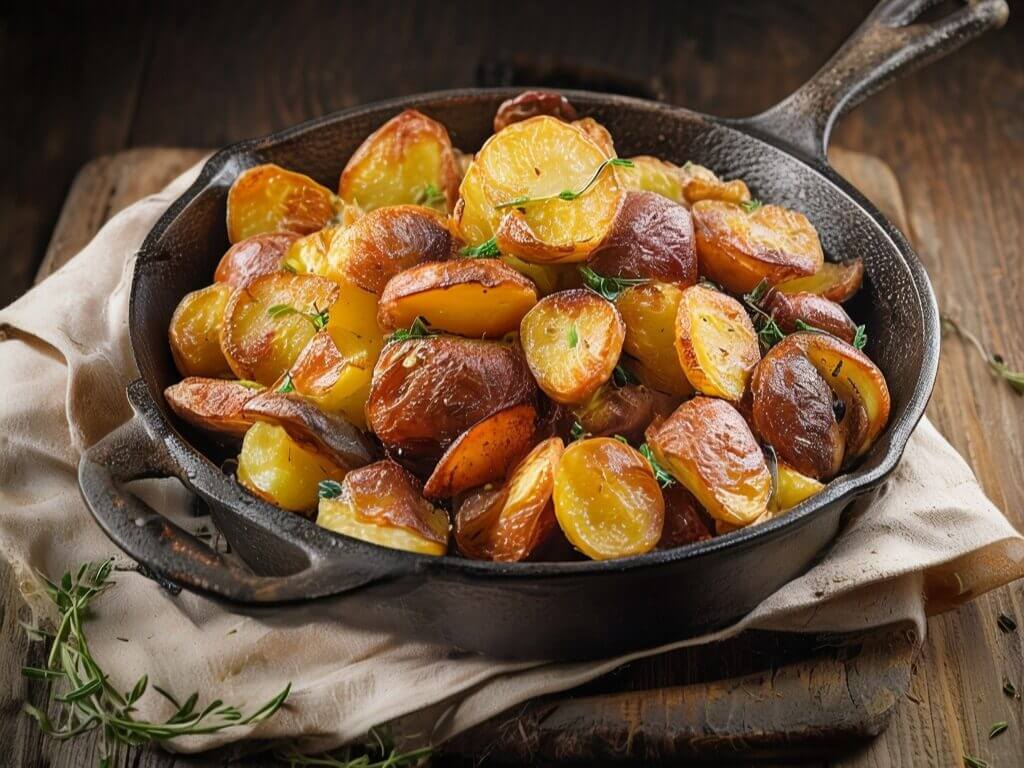 Recette traditionelle de pommes de terre sarladaises 8 Pommes de terre sarladaises dorées dans une poêle en fonte, garnies de thym frais pour une recette authentique du Sud-Ouest.