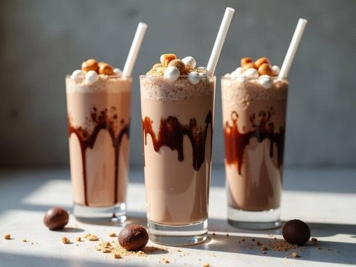 Recette du cocktail bonbon snickers 1 Recette du cocktail Bonbon Snickers : mélange gourmand de chocolat, caramel et guimauves dans un verre élégant.