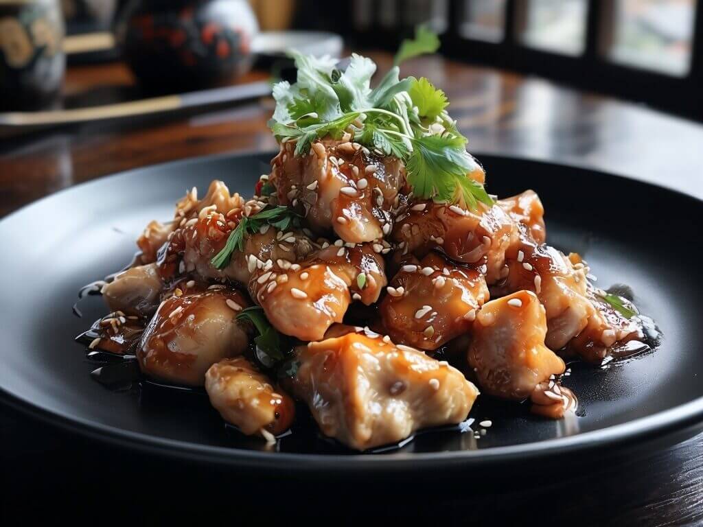 Délicieuse recette originale Chicchew avec poulet caramélisé graines de sésame et touche de coriandre fraîche