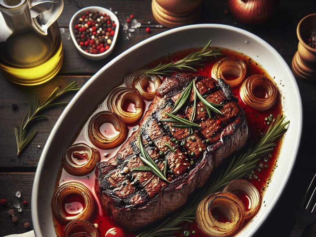 Plat de côte de bœuf en cocotte, grillé et garni de romarin, oignons caramélisés et épices – recette gourmande et rustique.