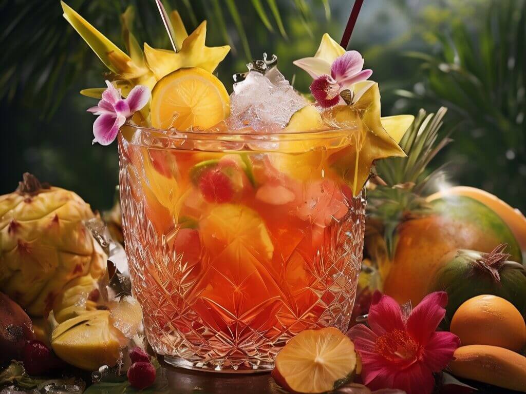 Recette punch 10 litres : facile et savoureuse 6 Punch tropical coloré avec fruits exotiques et glaçons, idéal pour une recette punch 10 litres festive.