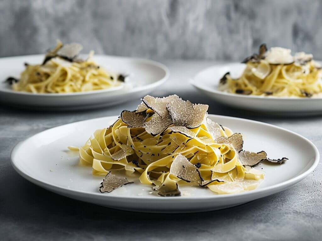 Tagliatelle mit frischen Trüffelscheiben auf weißem Teller – ein elegantes Rezept für Trüffel-Pasta.