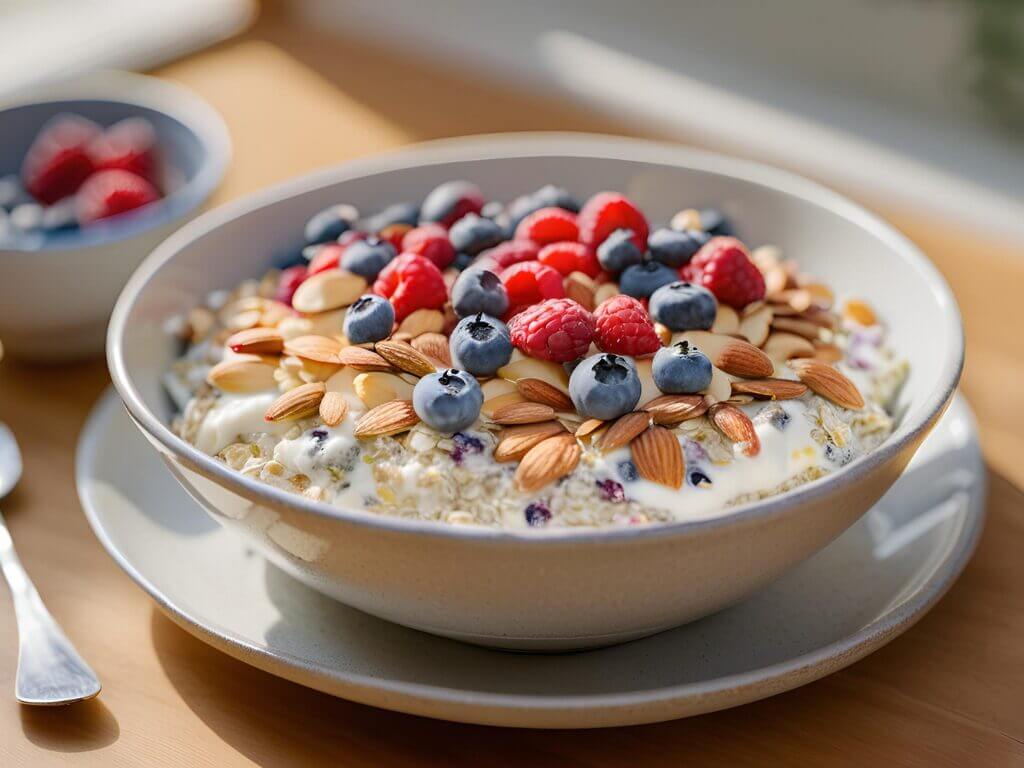 Bircher recette traditionnelle dans un bol blanc, garnie de fruits rouges et amandes pour un repas nutritif.