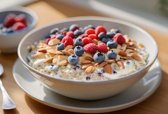 Bircher recette traditionnelle dans un bol blanc, garnie de fruits rouges et amandes pour un repas nutritif.