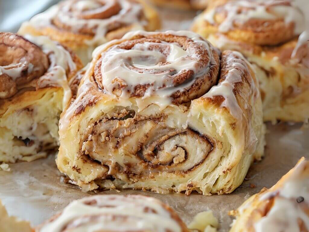 Cinnamon roll recette maison avec glaçage crémeux et spirales de cannelle fondantes, fraîchement cuits.