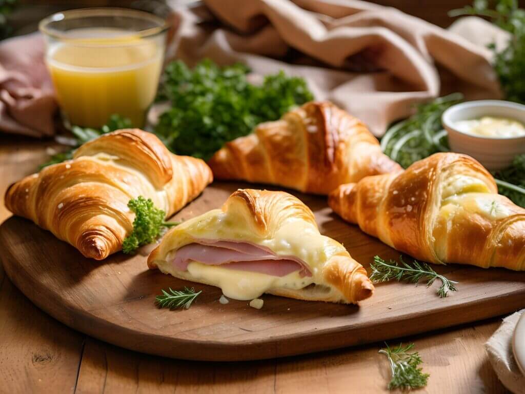 Croissants au jambon recette traditionnelle - feuilletés dorés garnis de fromage fondant et jambon rose sur planche en bois.