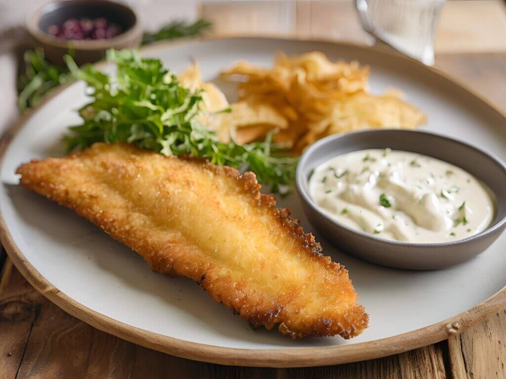 Filet de Perche Croustillant au Poivre de Sichuan 8 Une assiette élégante présentant des filets de perche croustillants, dorés à la perfection, nappés d'une généreuse portion de sauce tartare maison crémeuse. Le tout est photographié dans un style photoréaliste, sur une table en bois rustique avec une lumière naturelle douce, accentuant les textures et les couleurs appétissantes.